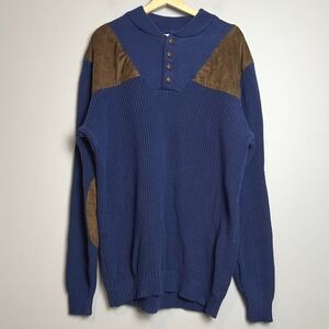 Boulder Creek Trading Co Men's XLT Knit Sweater Suede Elbow Patches Blue Vintage